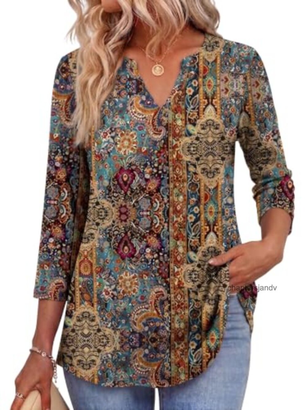 Women's 3/4 Sleeve V-Neck Tunic Blouse High-Low Hem Casual Dressy Top